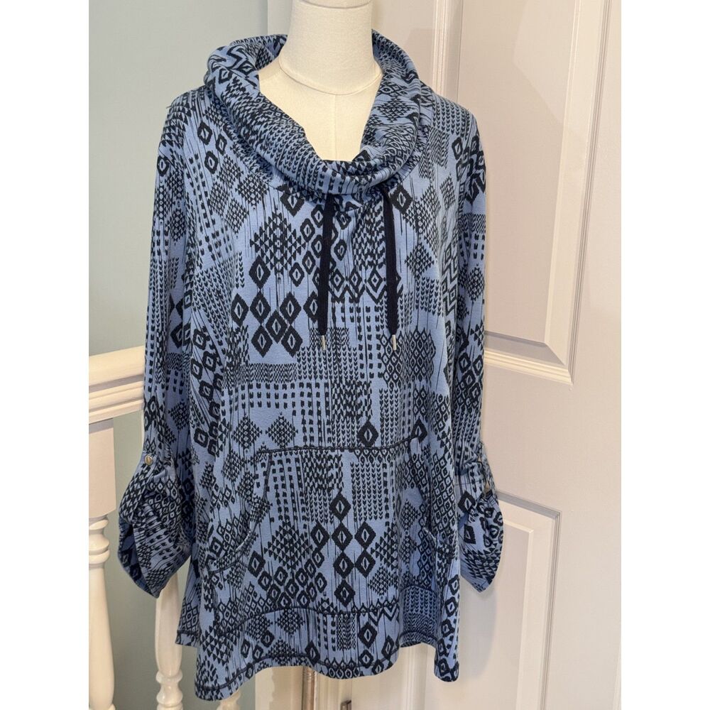 Ruby Rd Woman 2X Blue Aztec Cowl Neck Tunic Top Roll Tab Sleeve Kangaroo Pocket